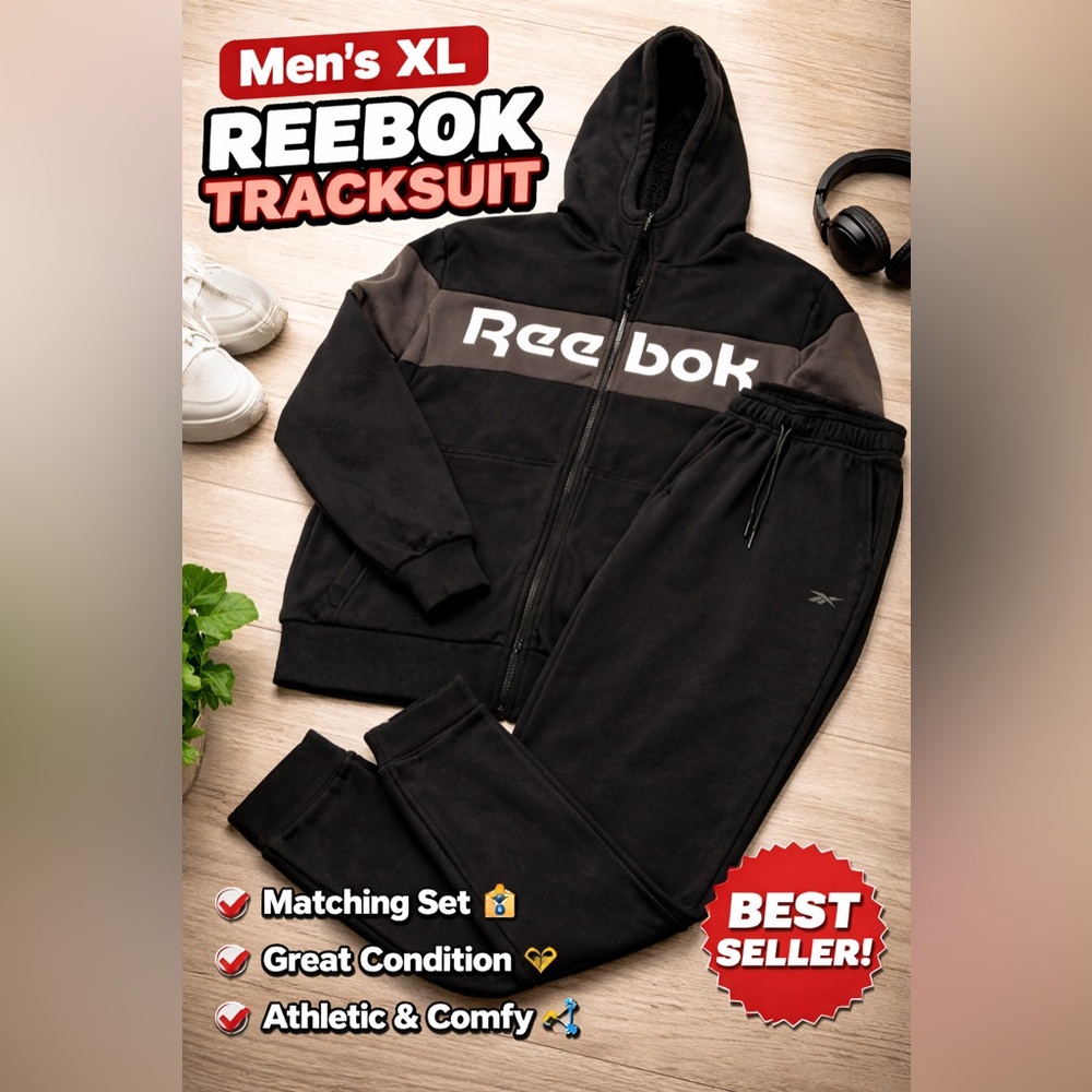 Reebok Men’s XL Tracksuit Set Black Hoodie Joggers Athletic Matching Set